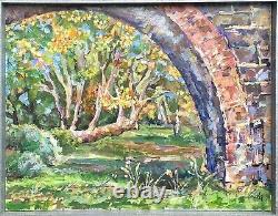 Autumn Park with a Brick Bridge Forest Landscape Oil Painting on Canvas 22x28 in
