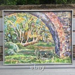 Autumn Park with a Brick Bridge Forest Landscape Oil Painting on Canvas 22x28 in