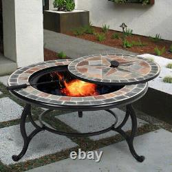 Large Fire Pit BBQ Mosaic Brazier Garden Outdoor Firepit Table Mesh Poker Bowl