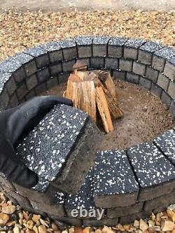 Outdoor fire pit granite slab fireplace concrete bricks stones garden round