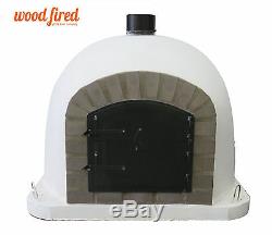 Outdoor wood fired Pizza oven 100cm white Deluxe model grey-brick/black-door