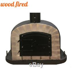Outdoor wood fired Pizza oven 90cm black Deluxe extra grey-brick/black-door