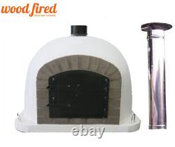 Outdoor wood fired Pizza oven grey brick 100cm Deluxe black door chimney & cap