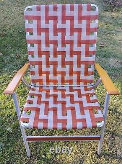 Vintage Aluminum Folding Lawn Chair Burnt Umber Tan Wooden Arms Webbed EUC