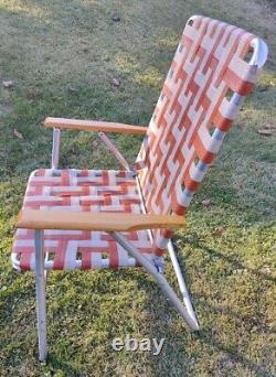 Vintage Aluminum Folding Lawn Chair Burnt Umber Tan Wooden Arms Webbed EUC