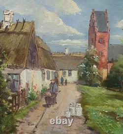 Axel Olsen. Charmant village danois ensoleillé avec une église en briques rouges