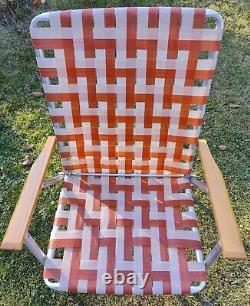 Chaise de jardin pliante en aluminium vintage avec accoudoirs en bois brûlé et toile EUC