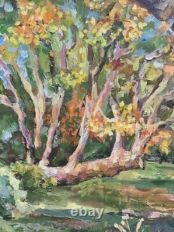 Parc d'automne avec un paysage de forêt de pont en brique, peinture à l'huile sur toile 22x28 pouces