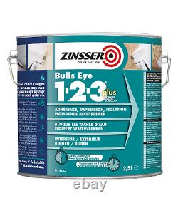 Zinsser Bulls Eye 123 Plus Primer 2.5l translated in French is 'Apprêt Zinsser Bulls Eye 123 Plus 2,5 litres'.