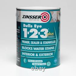 Zinsser Bulls Eye 1-2-3 Plus Primer Sealer and Stain killer Paint translated in French would be: 'Zinsser Bulls Eye 1-2-3 Plus Apprêt Scellant et Peinture Tueur de Taches'.